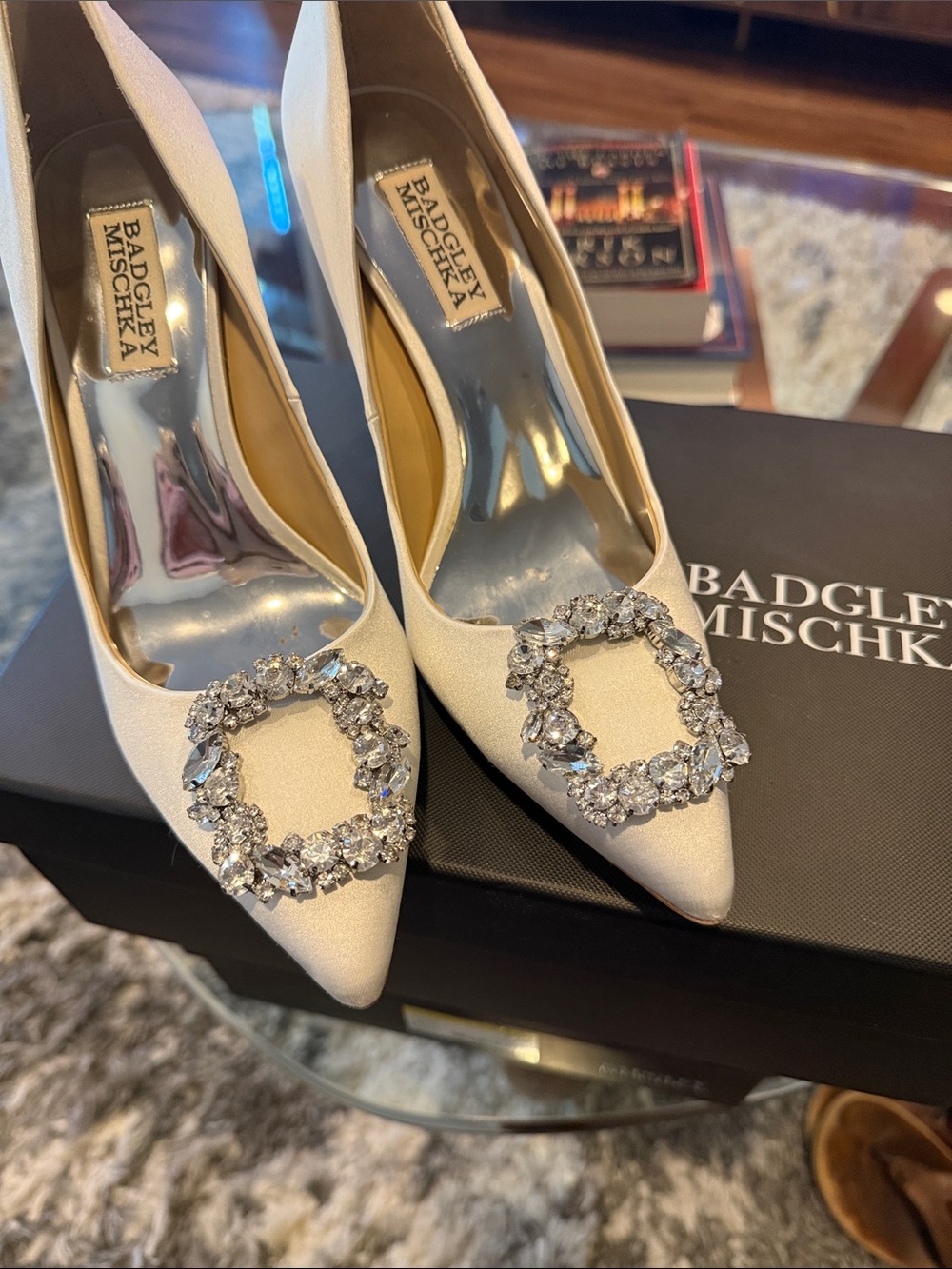 Badgley Mischka Ivory Satin Pointed-Toe Crystal Buckle Pumps